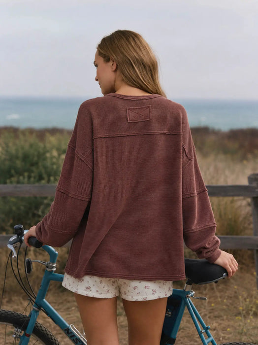 Maroon Exposed Seam Detail Long Sleeve Knit Top