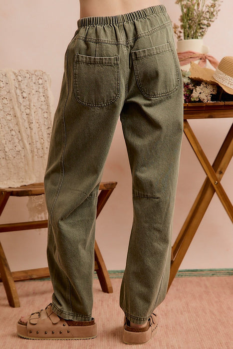 Olive Mid Rise Waist Drawstring Barrel Jeans Pants