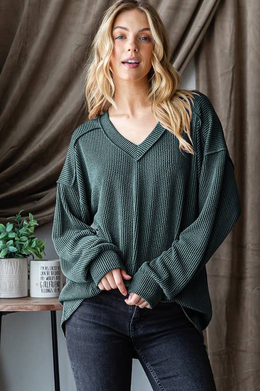 PLUS Long Puff Sleeve Ribbed Top | Hunter Green