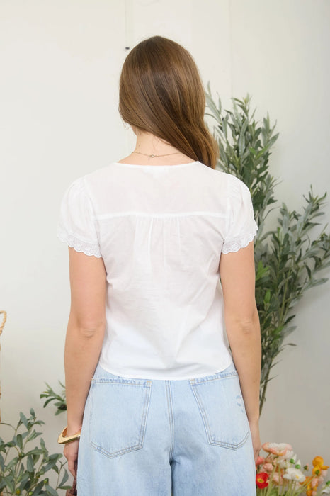 White Scalloped Embroidered Front Tie Lace Trim Top