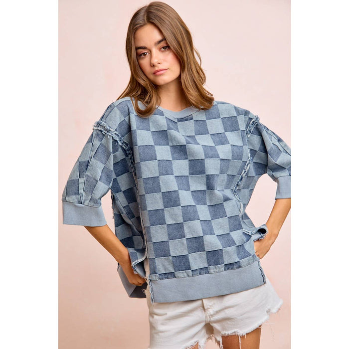 Denim Washed Checkered Short Sleeve Top