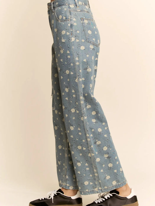 Floral Print High-Waisted Wide-Leg Denim Pants