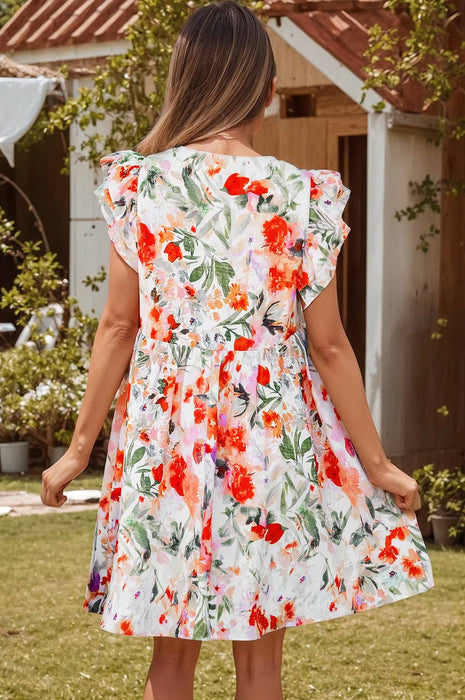 Floral Double Ruffle Sleeve High Waist Mini Dress | S-XL