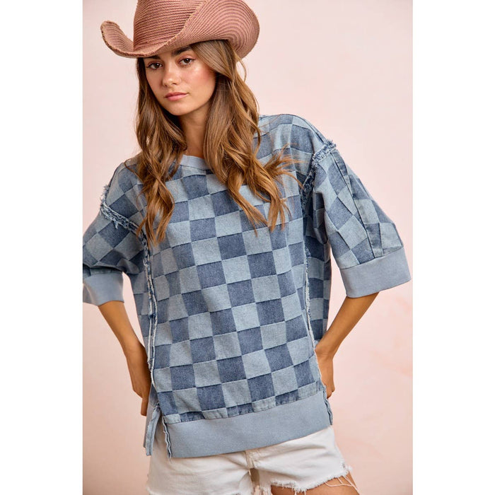 Denim Washed Checkered Short Sleeve Top