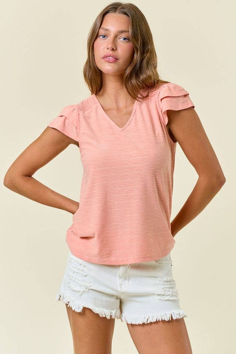 Ruffle Cap Sleeve Smocked Front Yoke Top - Peach