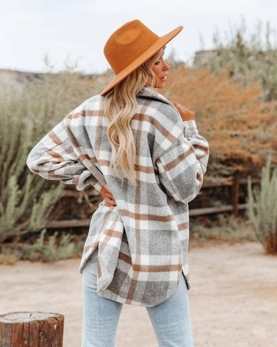 Light Gray Women's Plaid Button Flannel Shacket