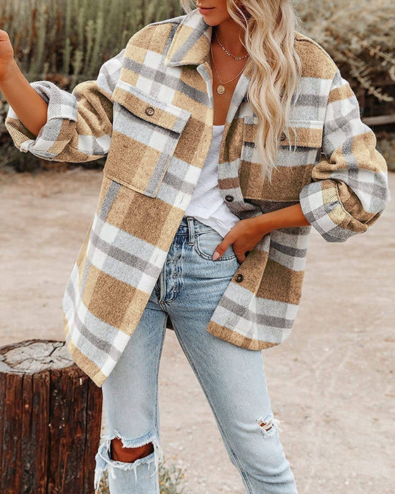 Khaki Plaid Button Flannel Shacket