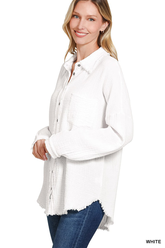 White Double Gauze Oversized Raw Edge Shirt