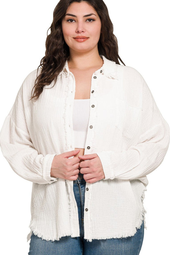 White Double Gauze Oversized Raw Edge Shirt - PLUS SIZE