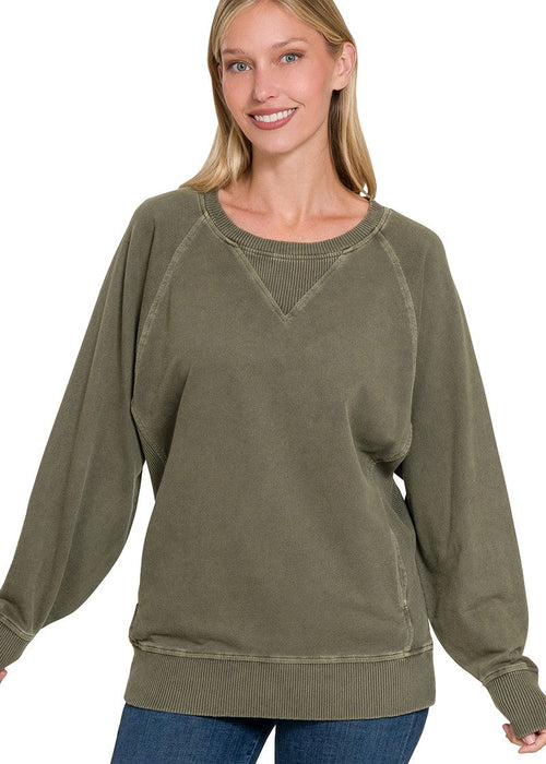 Dark Olive French Terry Pullover With Pockets