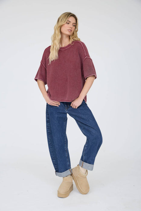 Burgundy Washed Raw Edge Short Sleeve Sweater