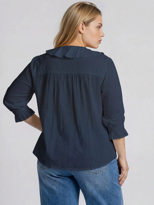 PLUS Navy Ruffled V Neck Button Down 3/4 Sleeve Blouse