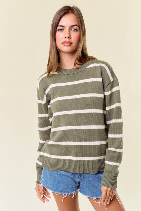 Olive Scallop Neckline Long Sleeve Striped Sweater Top