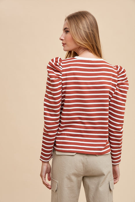 Striped Puff Sleeve Crew Neck Frenchterry Knit Top