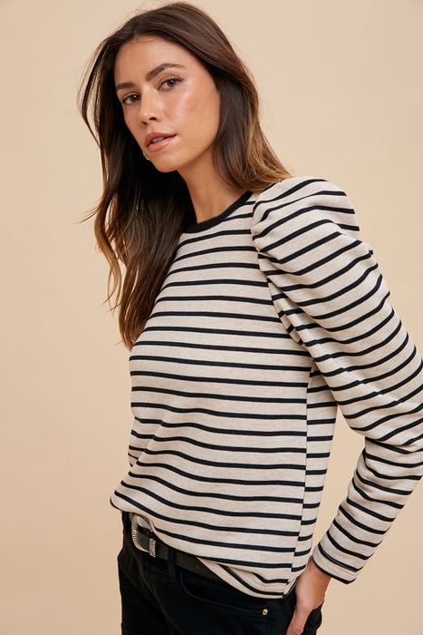 Striped Puff Sleeve Crew Neck Frenchterry Knit Top