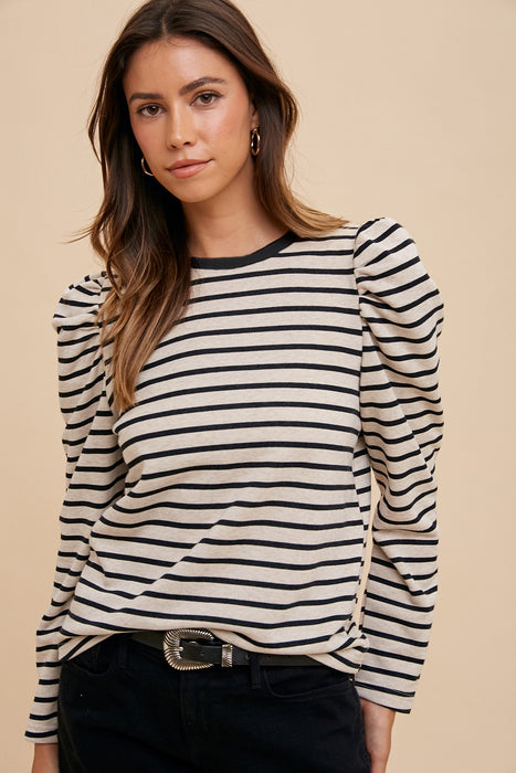 Striped Puff Sleeve Crew Neck Frenchterry Knit Top