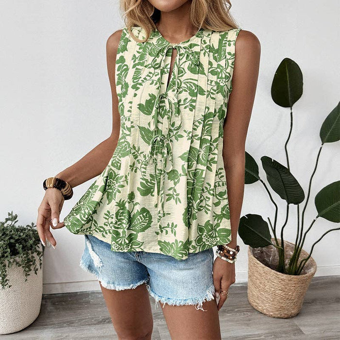 Green & Cream Floral Pleated Sleeveless Top | S-XL