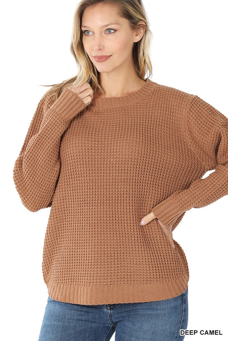 Camel Hi-low Long Sleeve Round Neck Waffle Sweater