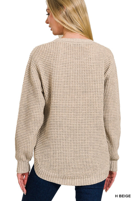 Heather Beige Hi-low Long Sleeve Round Neck Waffle Sweater