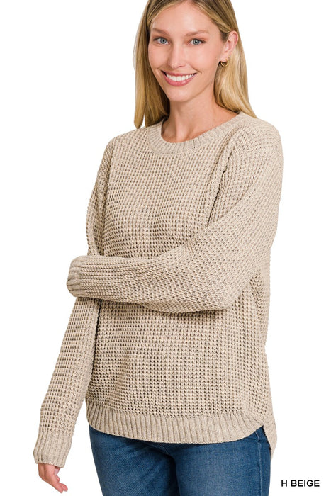 Heather Beige Hi-low Long Sleeve Round Neck Waffle Sweater