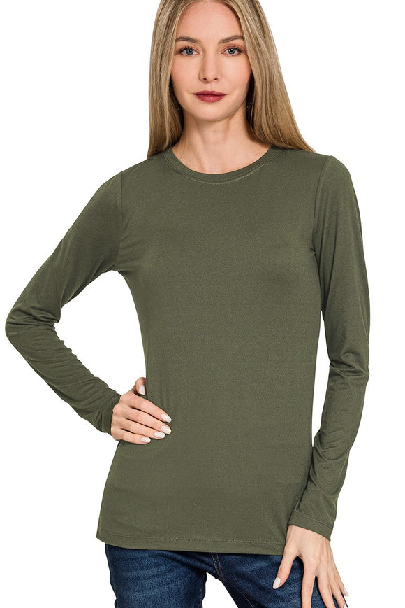 Dark Olive Brushed Microfiber Long Sleeve Round Neck Tee