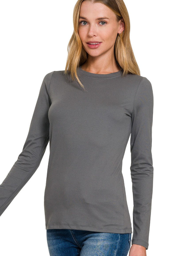 Gray Brushed Microfiber Long Sleeve Round Neck Tee