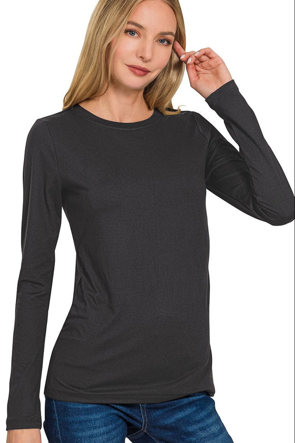 Black Brushed Microfiber Long Sleeve Round Neck Tee