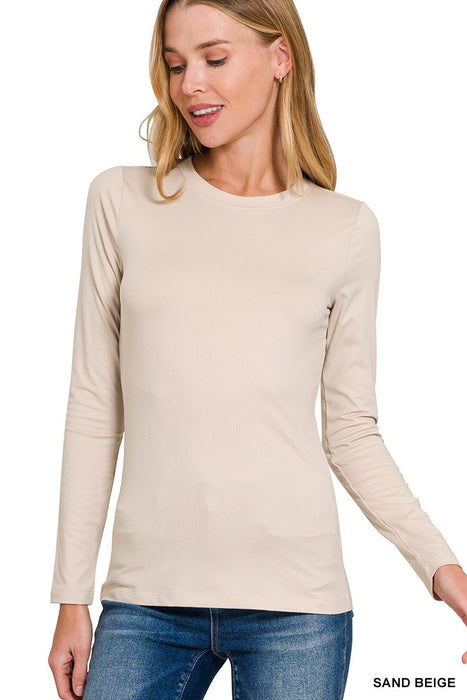 Sand Beige Brushed Microfiber Long Sleeve Round Neck Tee