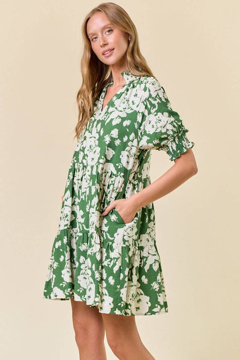 Green Floral Print Split V-Neck Puff Short Sleeve Dress
