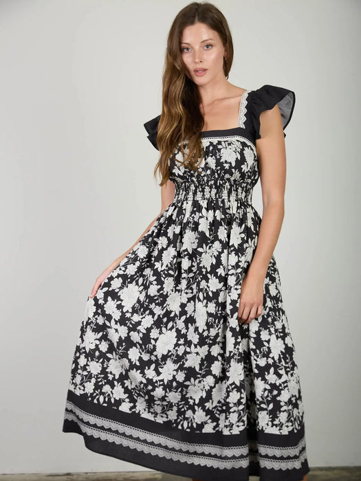 Black Floral Border Detail Smocked Waist Midi Dress