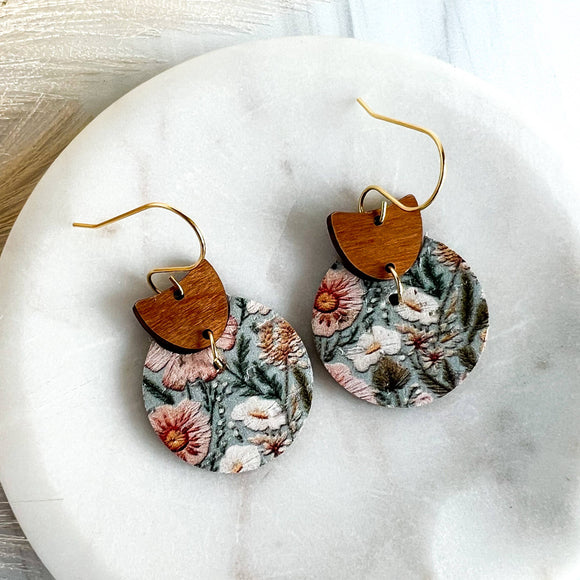 Sage Green/Pink Floral Crescent Leather Earrings 