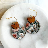 Sage Green/Pink Floral Crescent Leather Earrings 