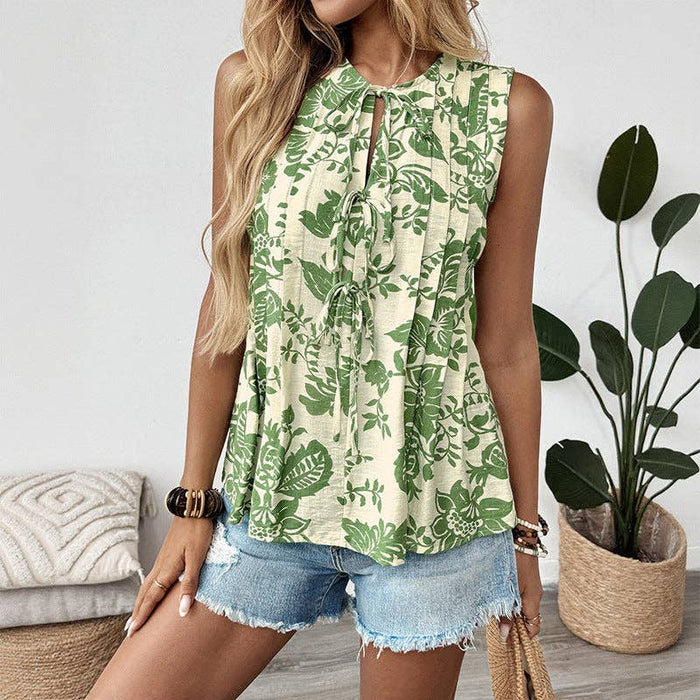 Green & Cream Floral Pleated Sleeveless Top | S-XL