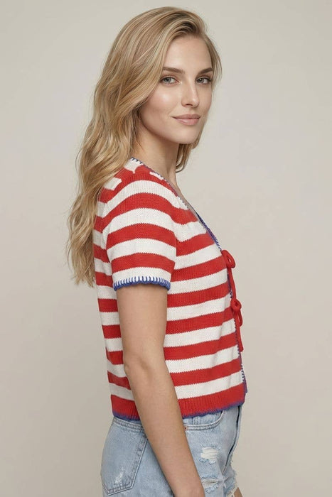 Red/White Stripe Tie Front Blanket Stitch Knit Cardigan Top