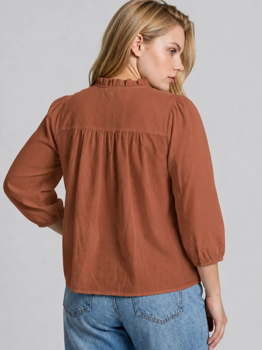 PLUS 3/4 Sleeve Ruffle Trim Pintuck Detail Blouse
