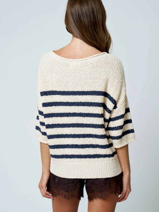 Navy Stripe Textured Knit Half Sleeve Knit Sweater
