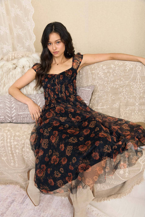 Floral Organza Corset Midi Dress