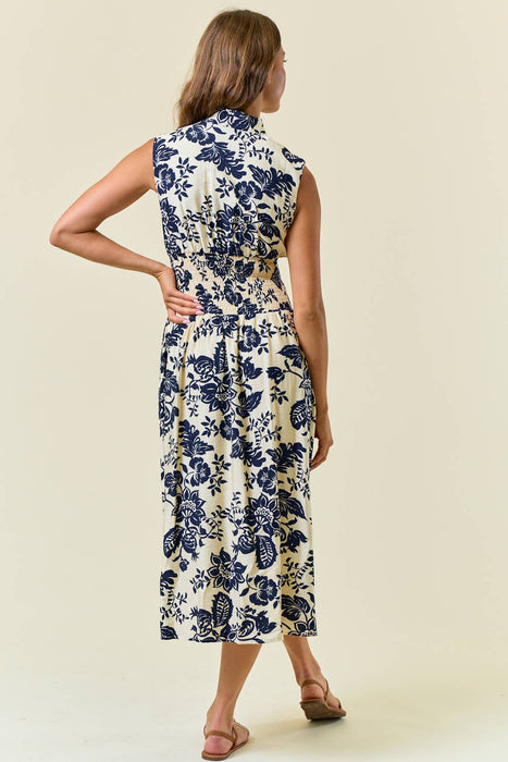 Navy & Ivory Paisley Smocked Waist Zip Front Midi Dress