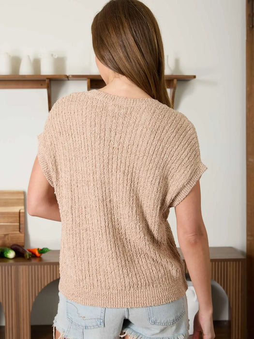 Khaki Cozy Short Sleeve Button Down Knit Sweater