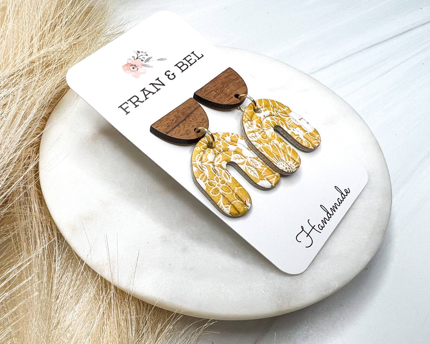 Yellow and White Floral Pattern Arch Stud Earrings
