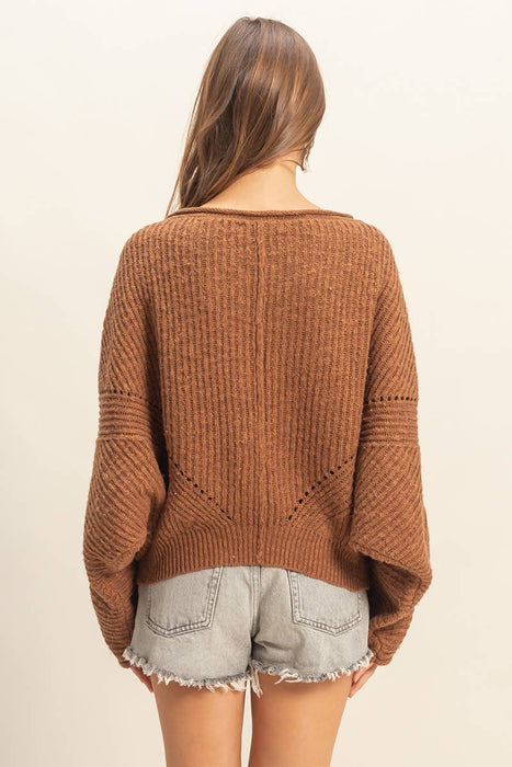 Brown Ribbed Drop Sleeve Sweater