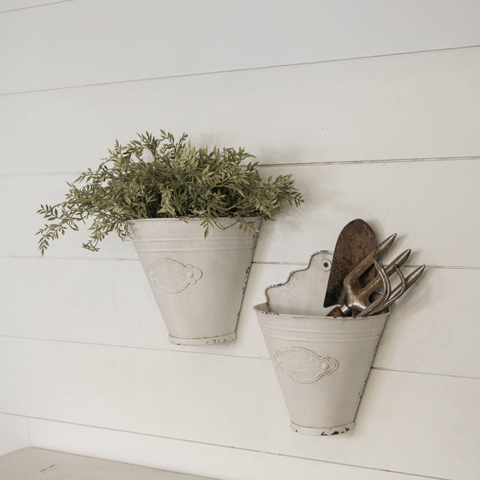 Aged White Metal Flower Wall Buckets