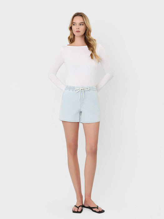 High Rise Elastic Waistband Drawstring Striped Denim Shorts