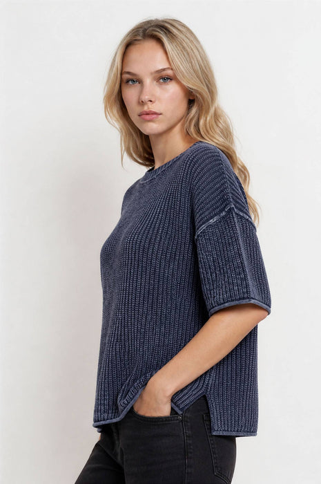 Navy Washed Raw Edge Sweater