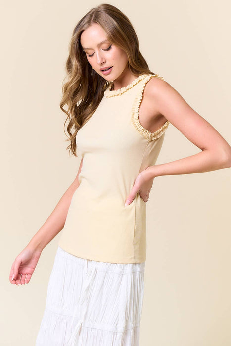 Butter Cream Solid Knit Tank w/ Ruffle Trim