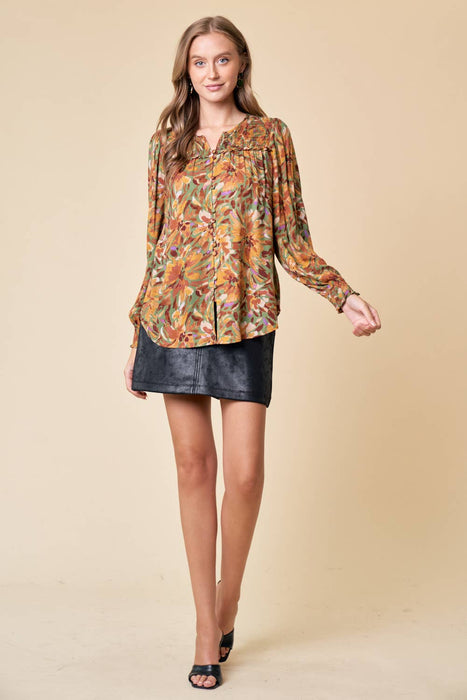Olive Smocked Long Sleeve Blouse