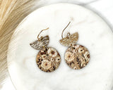 Cream and Brown Floral Pattern Circle Dangle Earrings