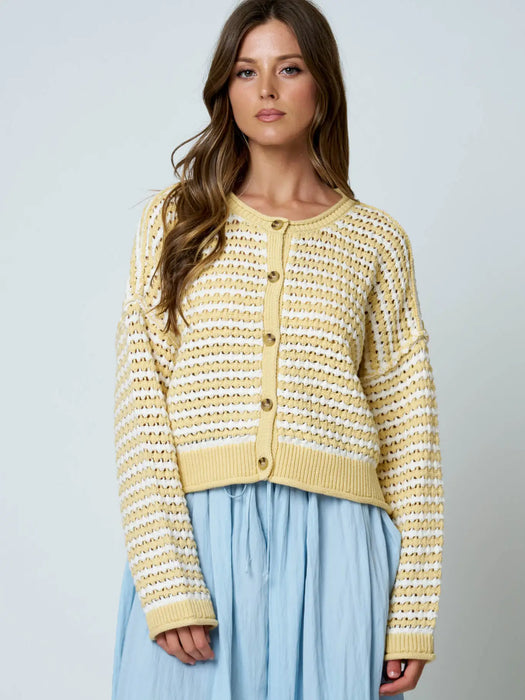 Butter Yellow Textured Stripe Crochet Knit Button Down Cardigan