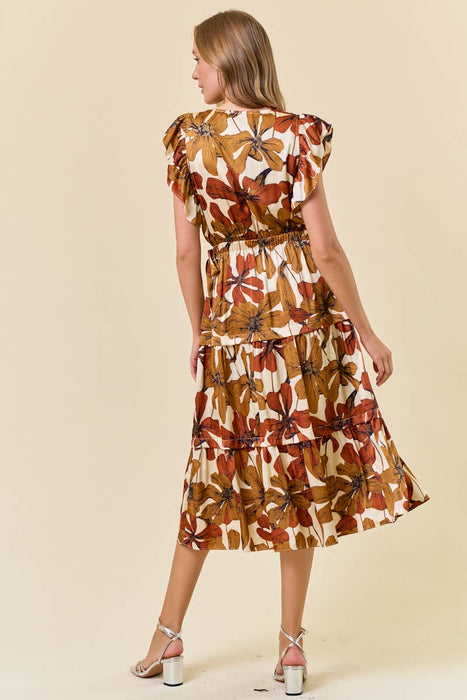 Floral Satin Ruffle Tiered Midi Dress