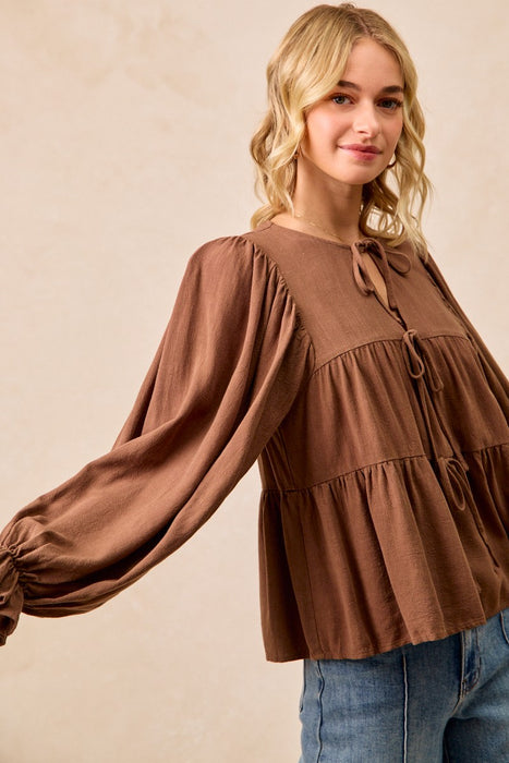 Linen Like Solid Top With Bow Tied Details